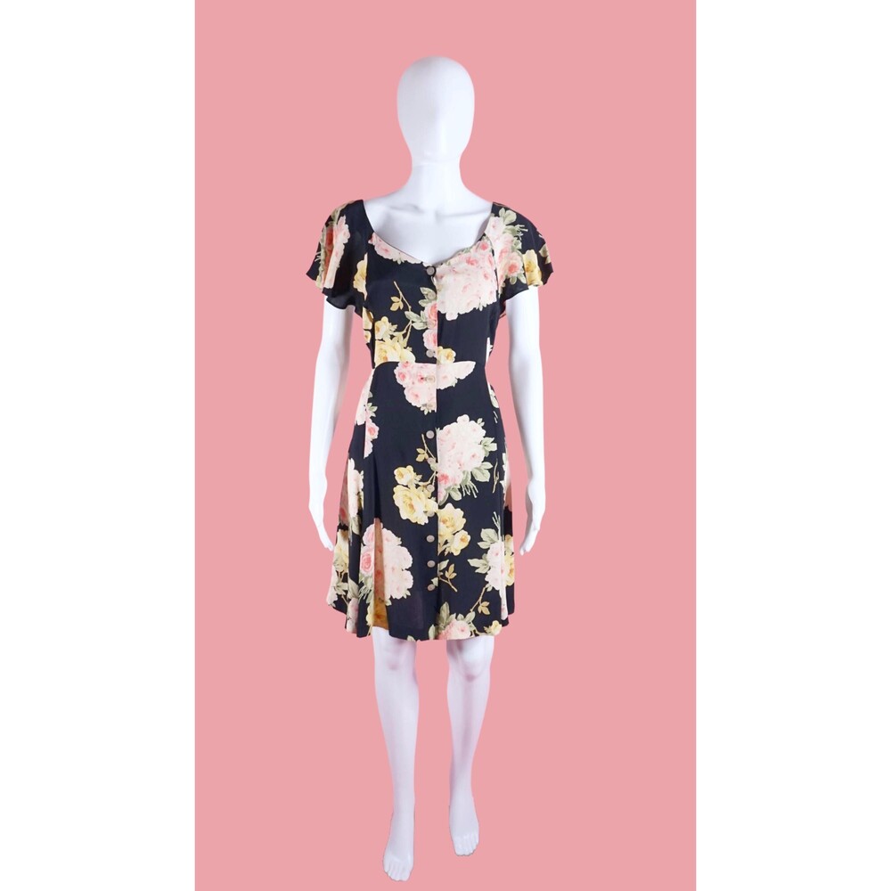 1990s BETSEY JOHNSON ROSE Print Button Up Dress W/Adjustable Tie. S-M. AS IS